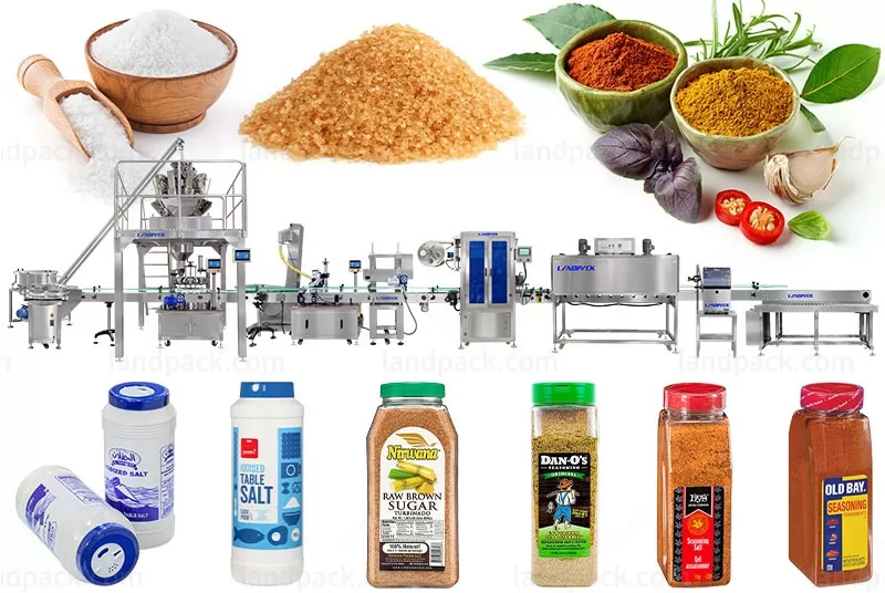 Automatic Fine Granule Rice Sugar Salt Seasoning Bottle Filling Capping Shrinking Line