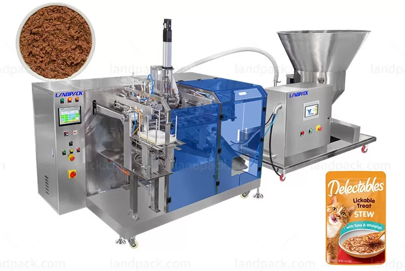 Automatic Cat Strip Minced Meat Doypack Packing Machine With Servo Rotor Pump Filling System