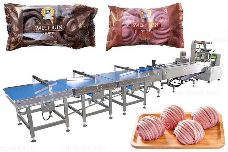 Automatic Raw Meat Hamburger Bun Flow Feeding And Packing Machine Line