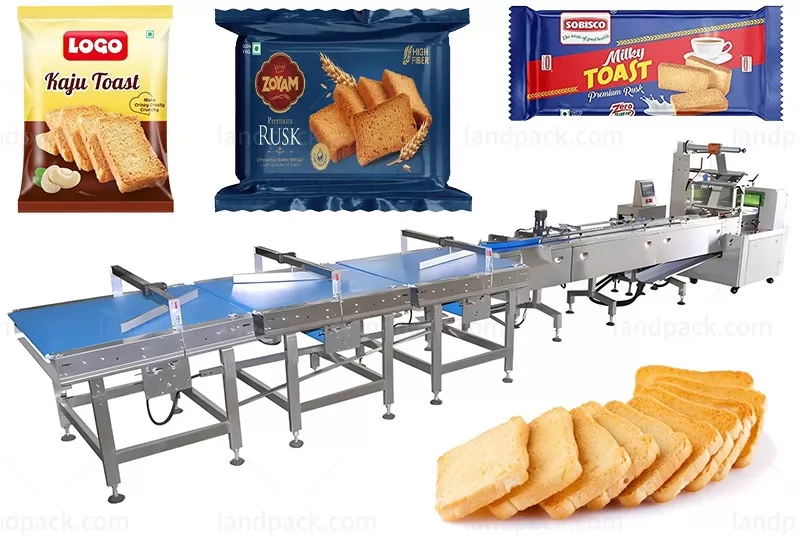 Automatic Flow Feeding Packing Machine Line for Rusk Slice Bread Biscuit Egg Roll Cookies