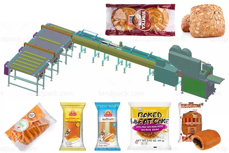 Automatic Bun Bread Croissant Horizontal Flow Packing Line With Feeding Conveyor