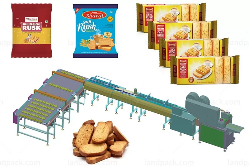 Automatic Bread Rusk Form Fill Seal Wrapping Flow Packaging Packing Filling Sealing Machine Feeding Line